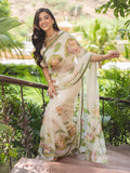 Dusty Beige Lotus Motifs Handpainted Organza Saree