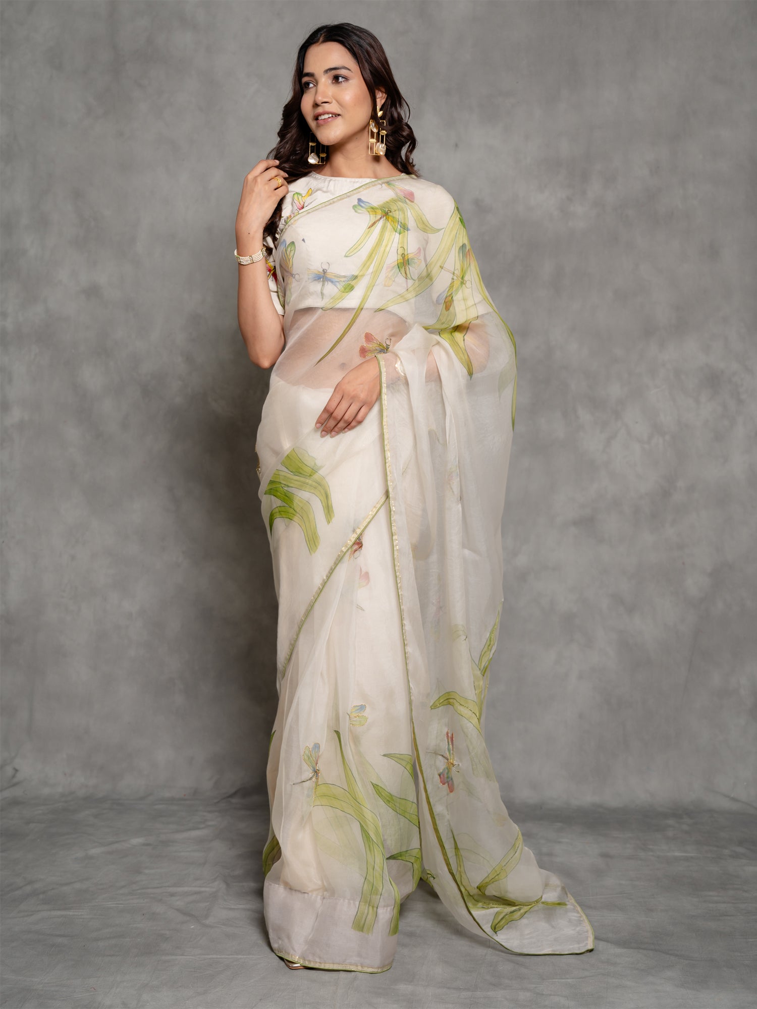 White Handbrushed Zari Sparkling Organza Saree