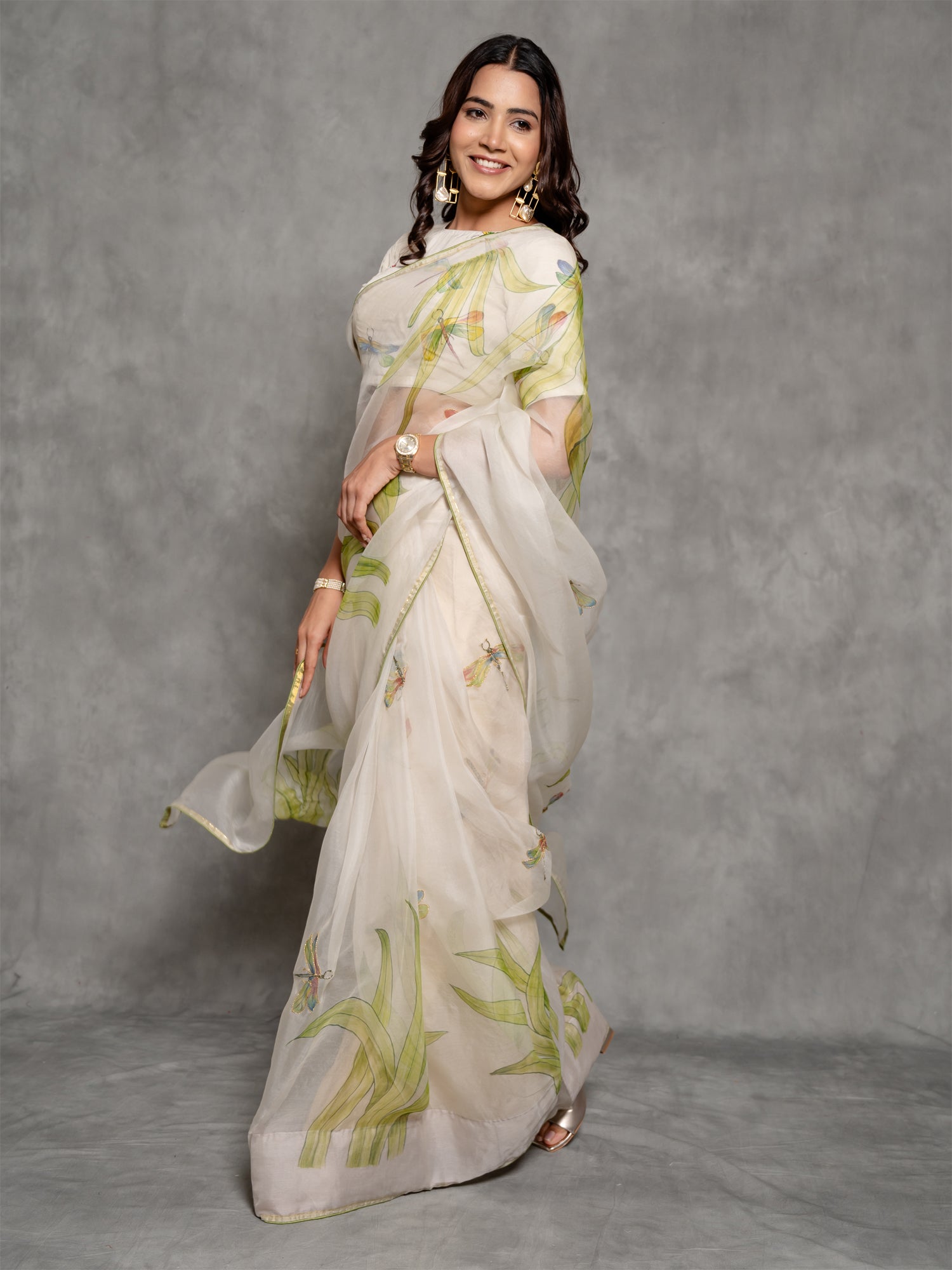 White Handbrushed Zari Sparkling Organza Saree