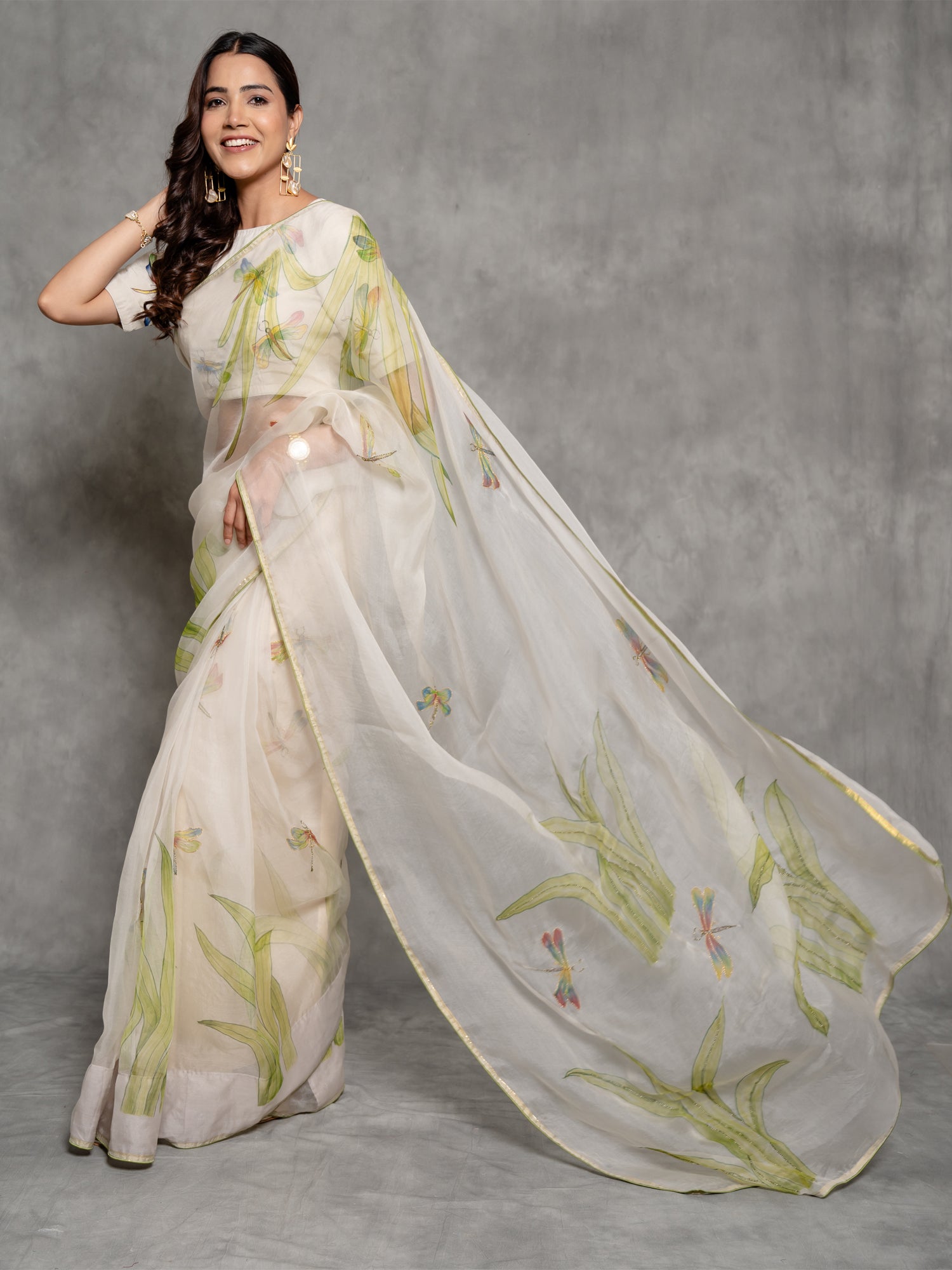 White Handbrushed Zari Sparkling Organza Saree