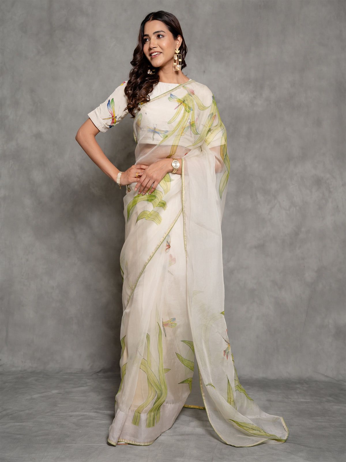 White Handbrushed Zari Sparkling Organza Saree