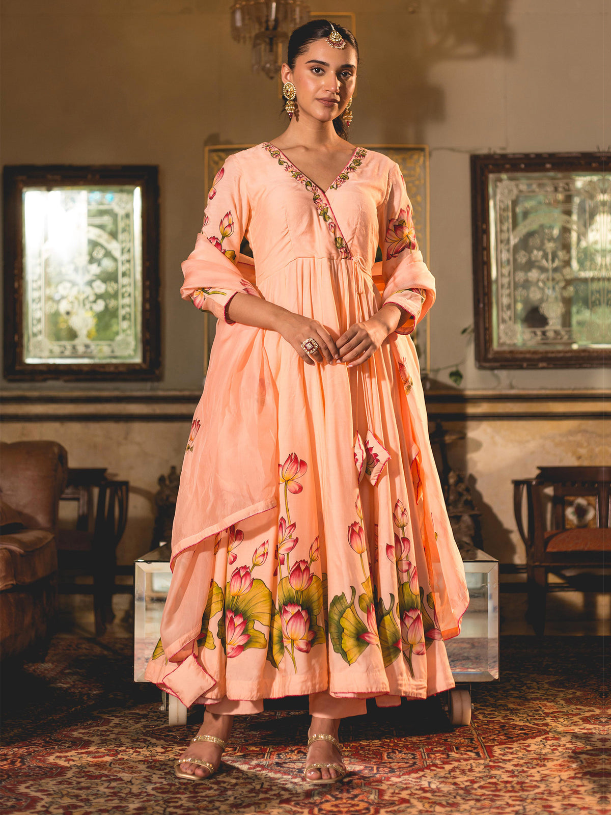 Peach Lotus Flower Handpainted Anarkali Suit Set