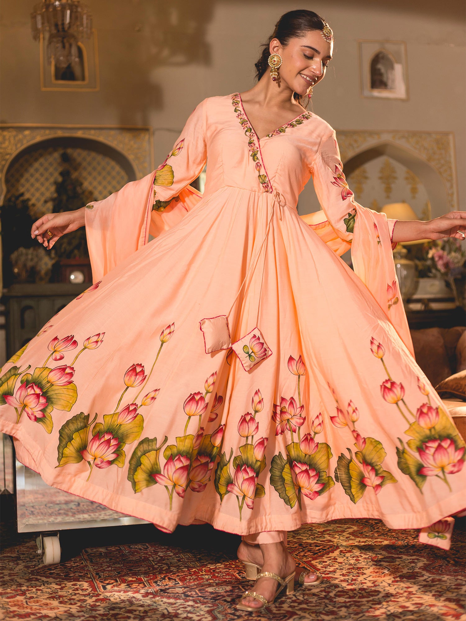 Peach Lotus Flower Handpainted Anarkali Suit Set