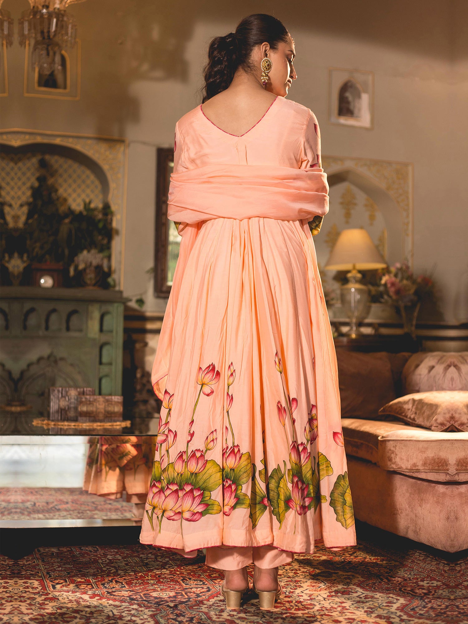 Peach Lotus Flower Handpainted Anarkali Suit Set