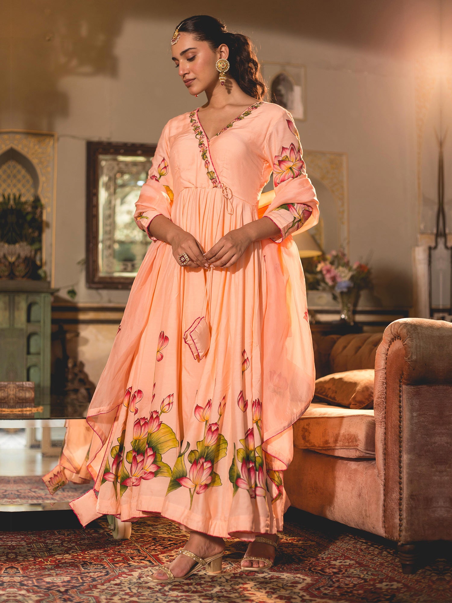 Peach Lotus Flower Handpainted Anarkali Suit Set