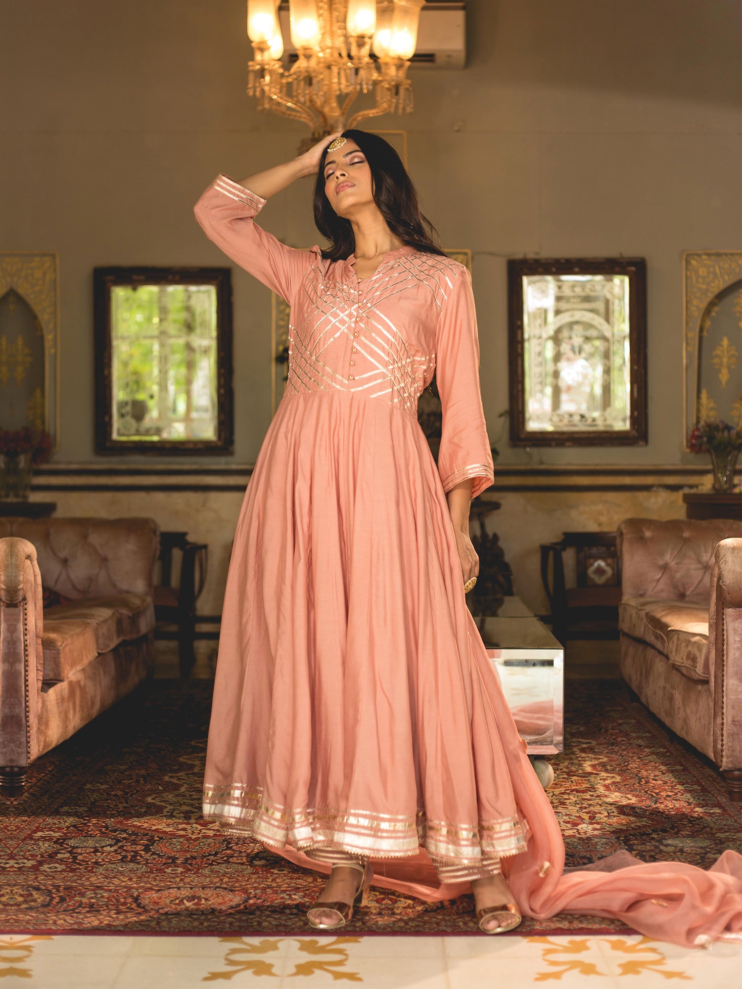 Rose Gold Muslin Anarkali Suit With Gota Work