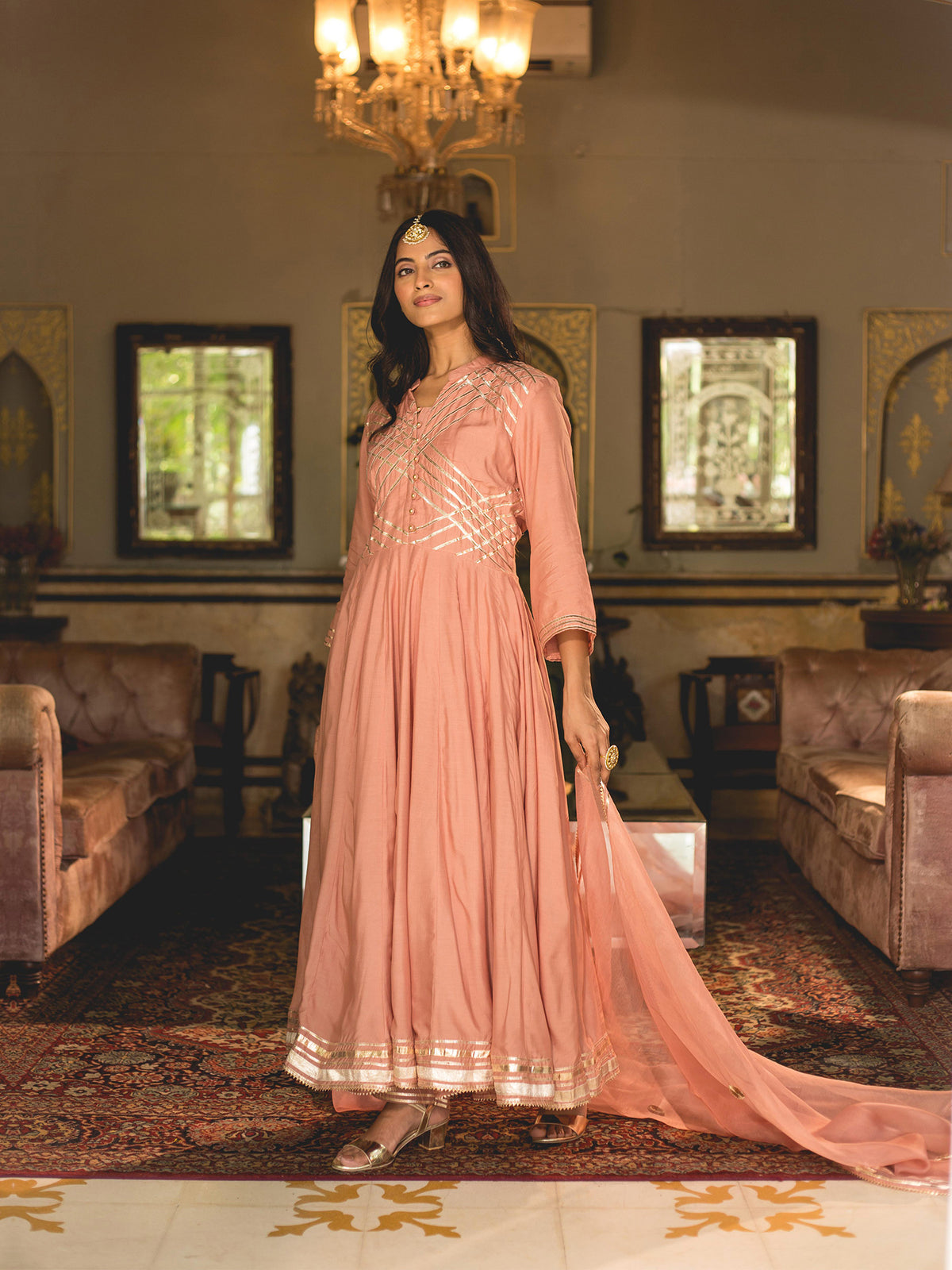 Rose Gold Muslin Anarkali Suit With Gota Work