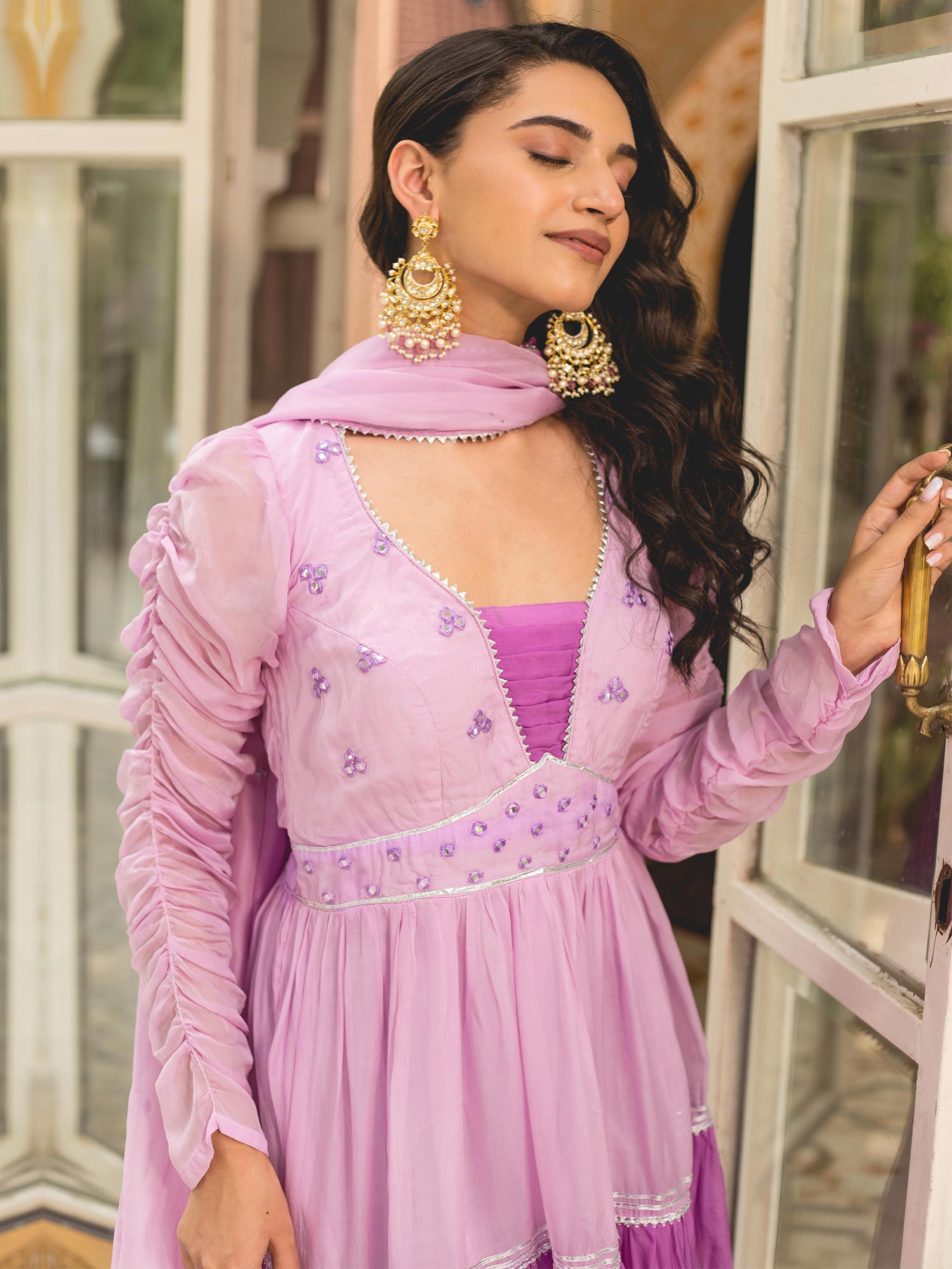 Purple Mirror Work Layered Anarkali Suit