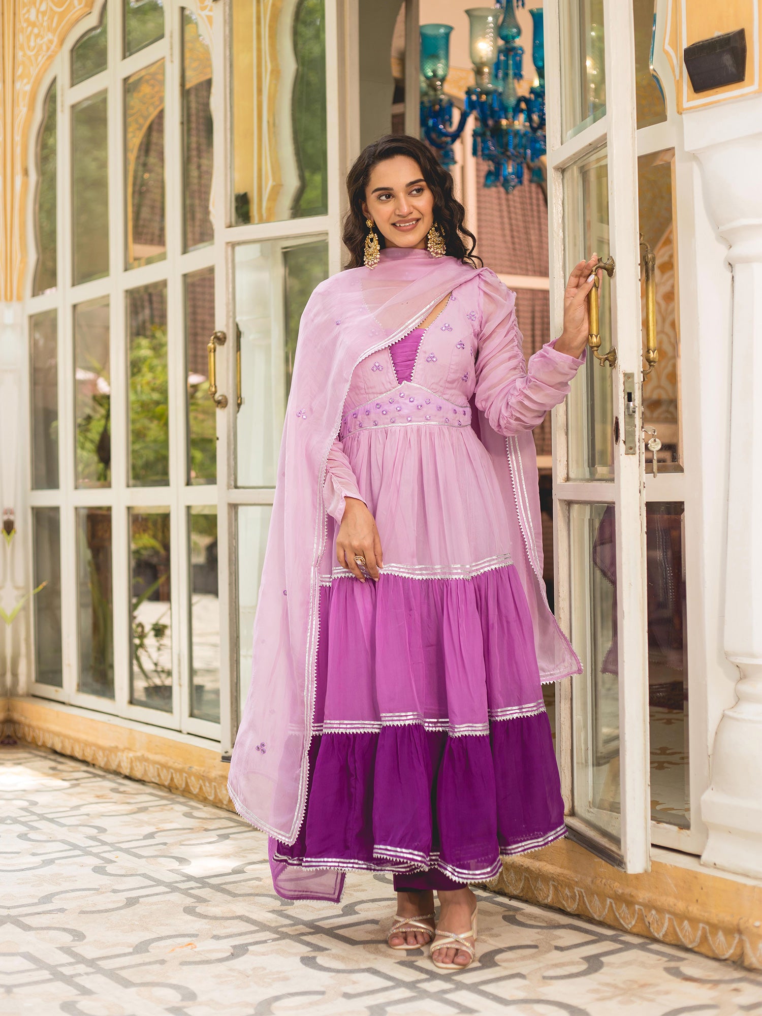 Purple Mirror Work Layered Anarkali Suit