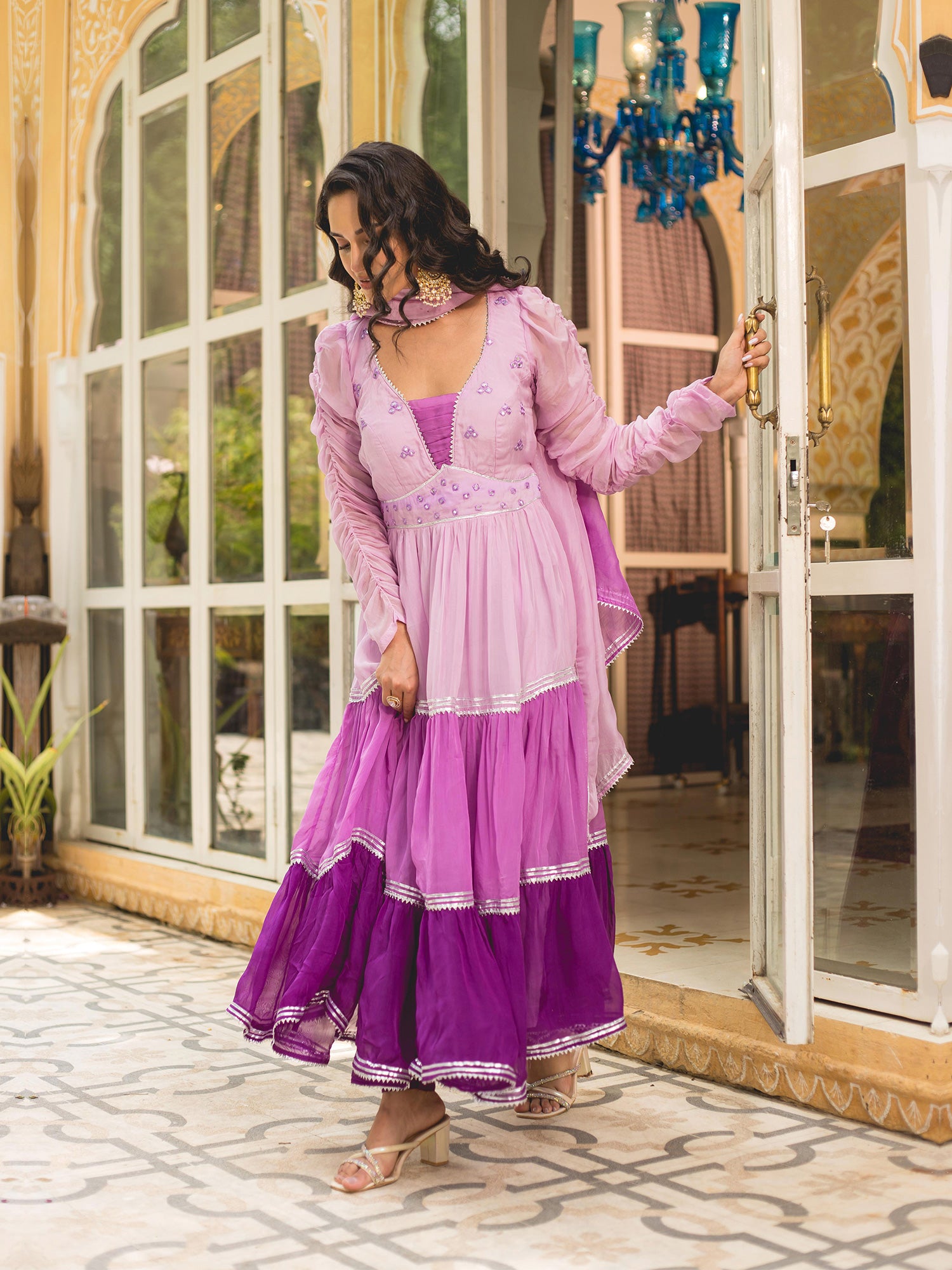 Purple Mirror Work Layered Anarkali Suit Suti Rang