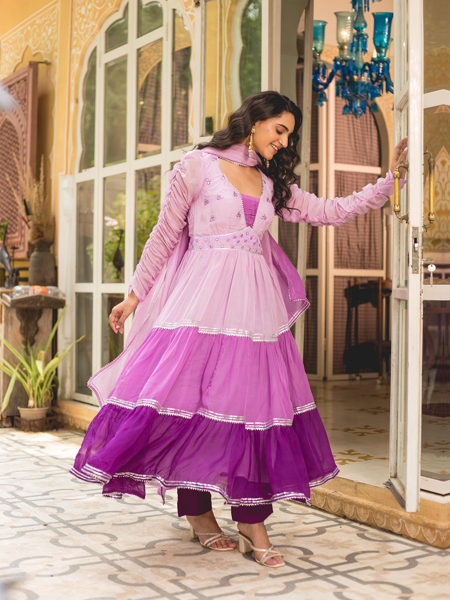 Purple Mirror Work Layered Anarkali Suit