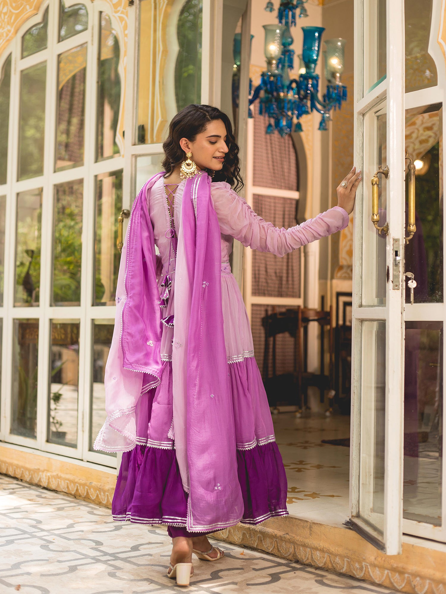 Purple Mirror Work Layered Anarkali Suit