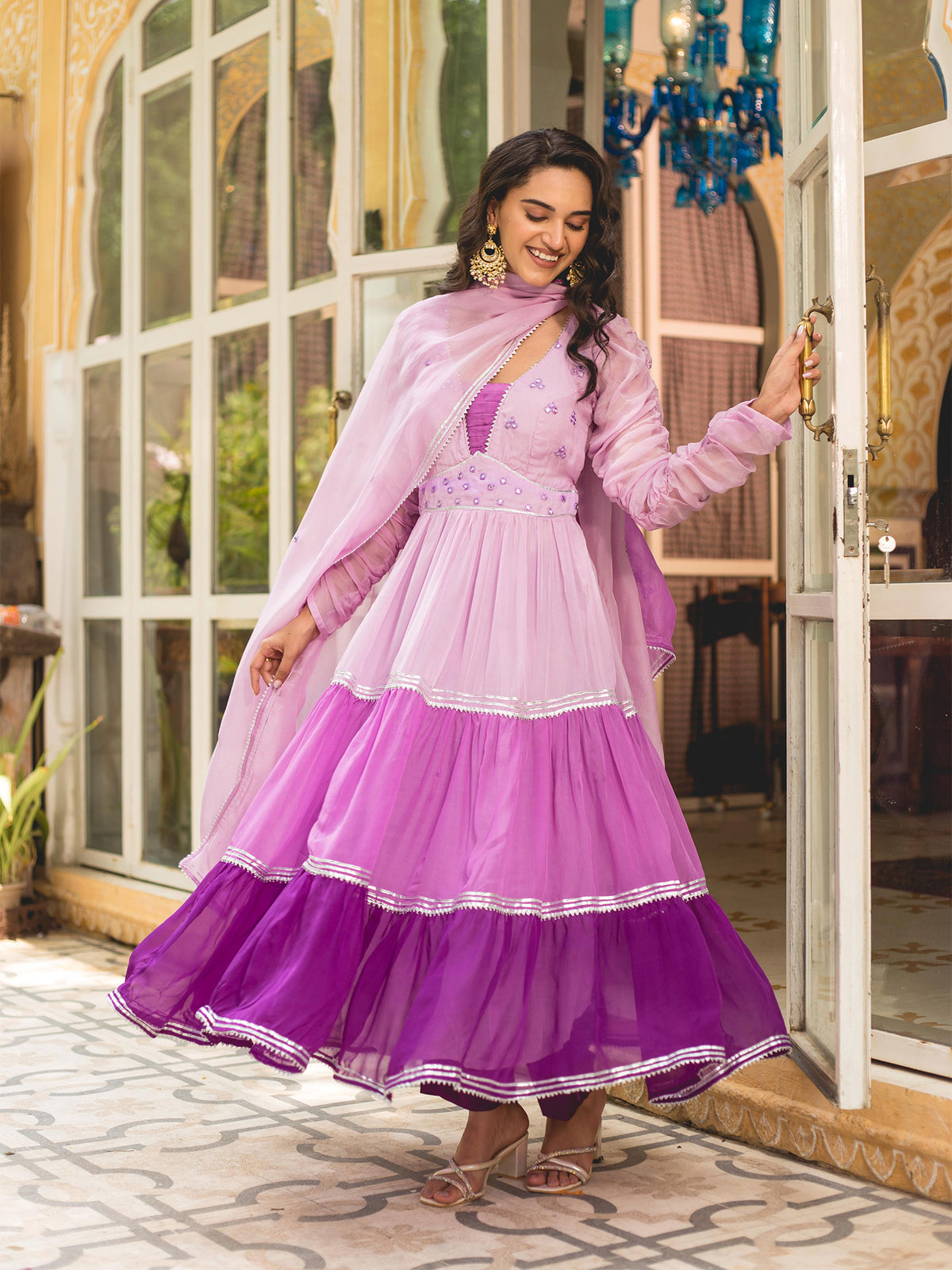 Purple Mirror Work Layered Anarkali Suit