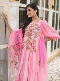 Pink Floral Handpainted Muslin Anarkali Suit