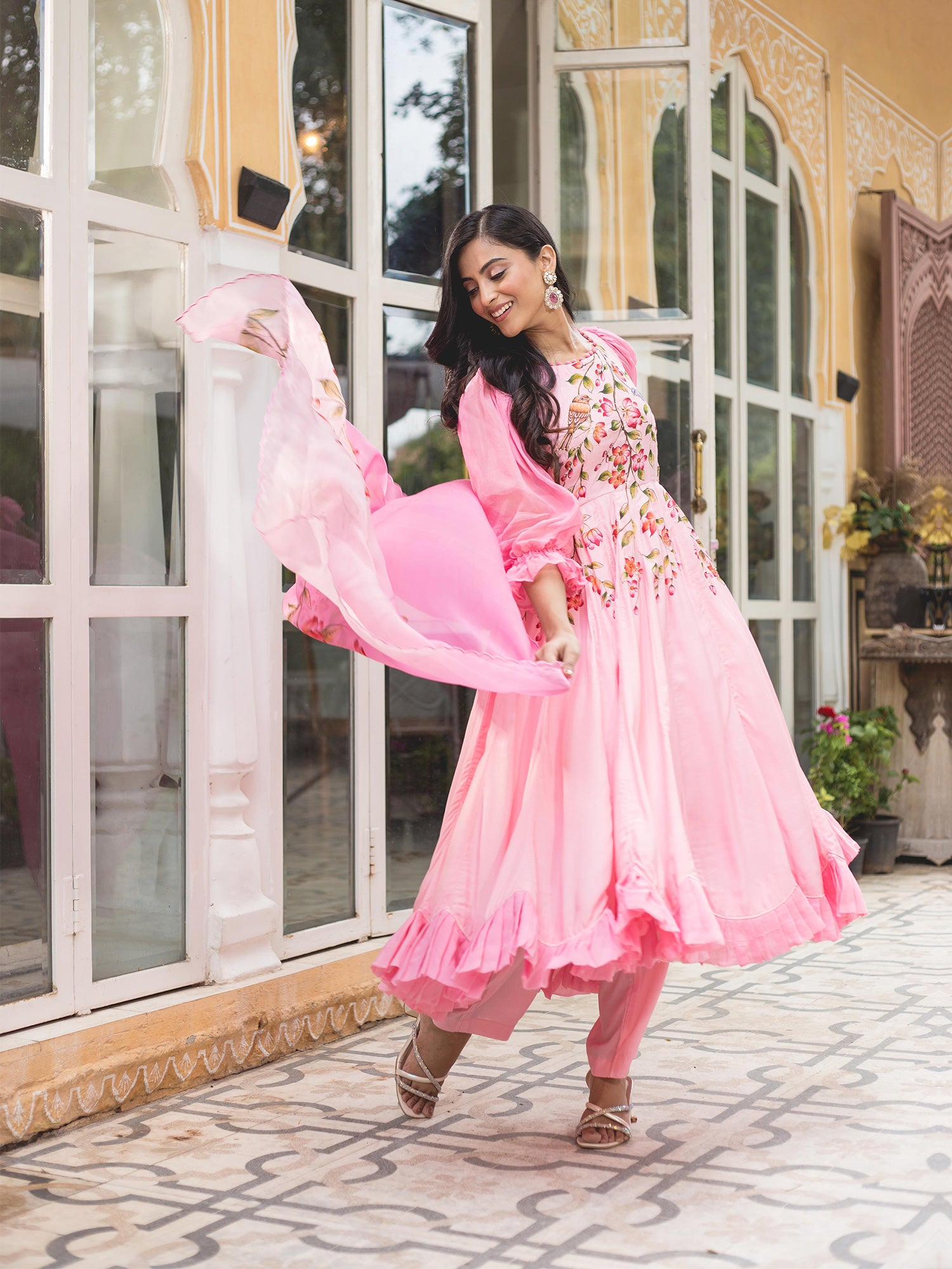 Pink Floral Handpainted Muslin Anarkali Suit