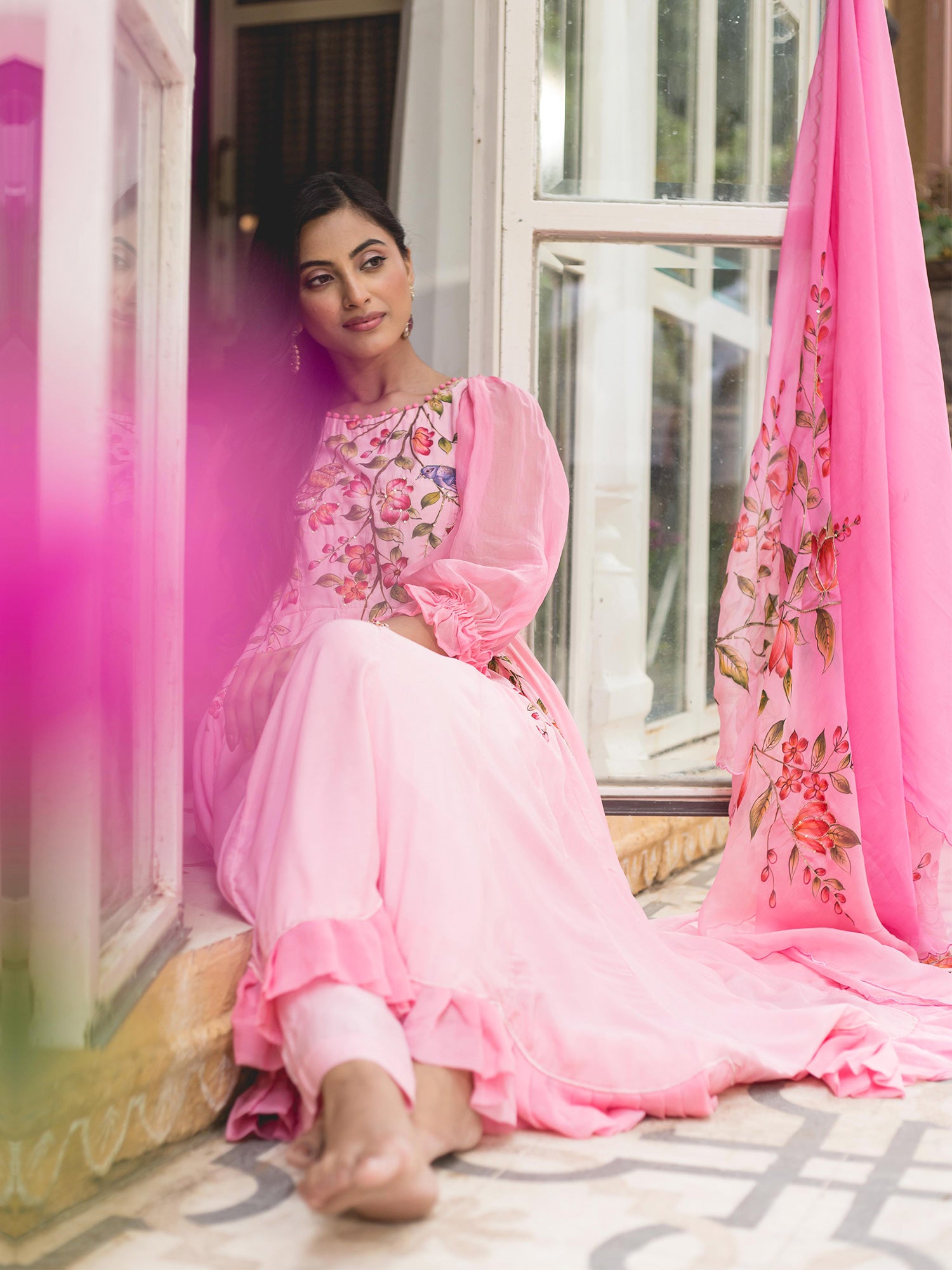 Pink Floral Handpainted Muslin Anarkali Suit