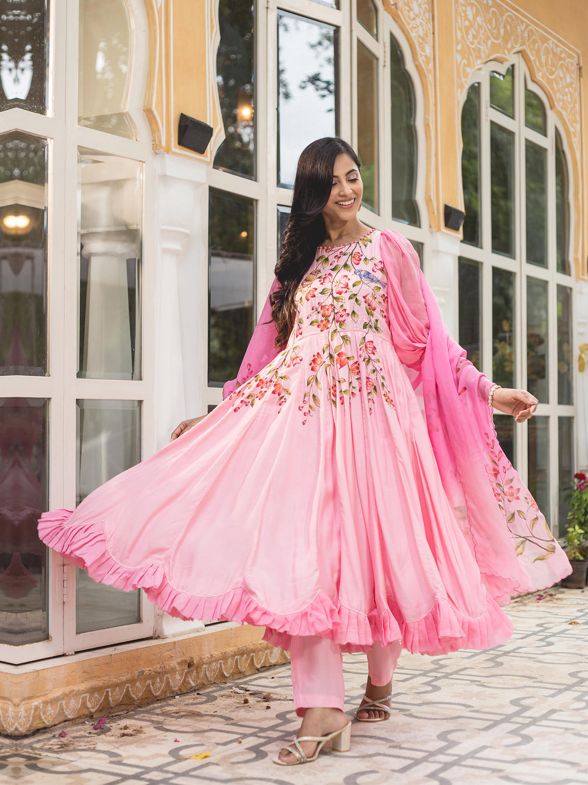 Pink Floral Handpainted Muslin Anarkali Suit