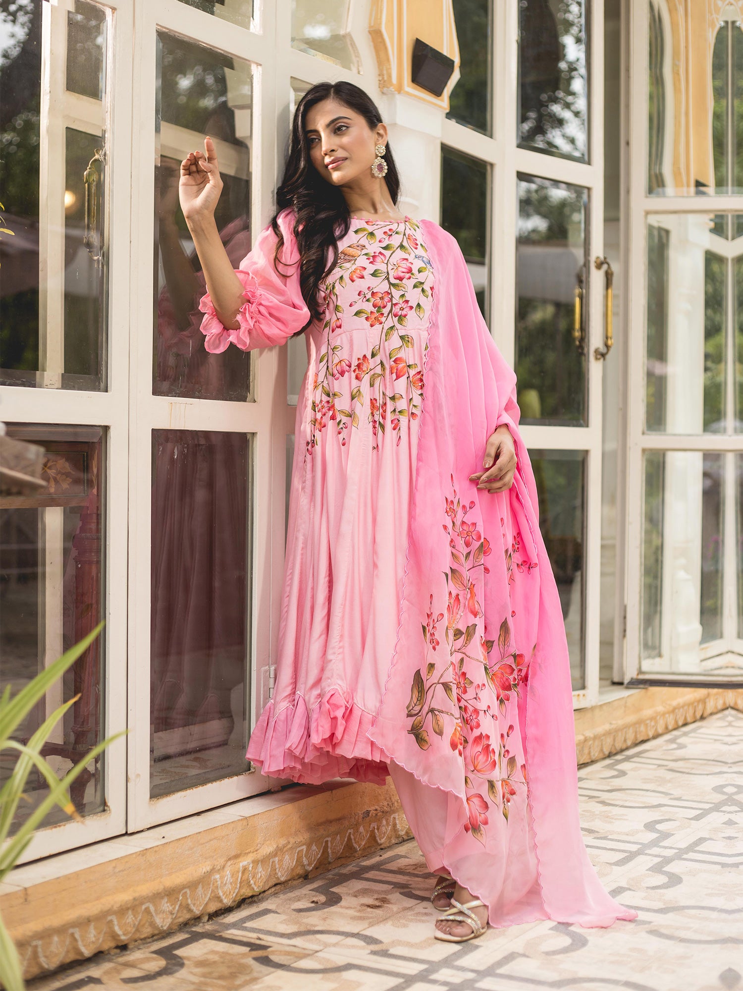 Pink Floral Handpainted Muslin Anarkali Suit