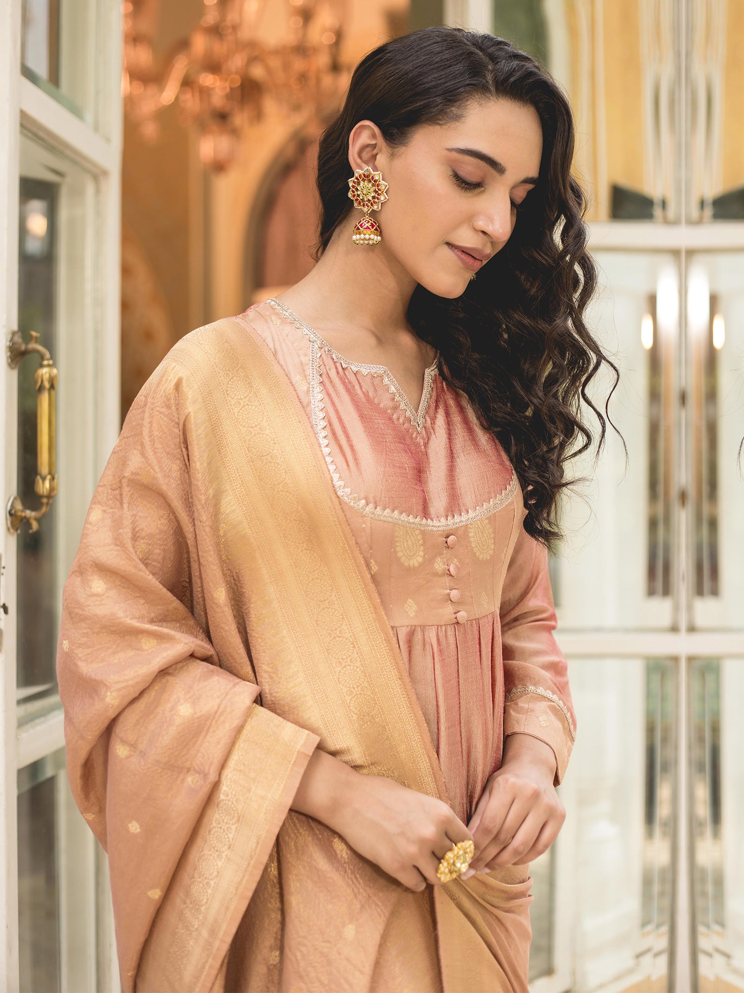 Rose Gold Zari Weave Vichitra Silk Anarkali Suit