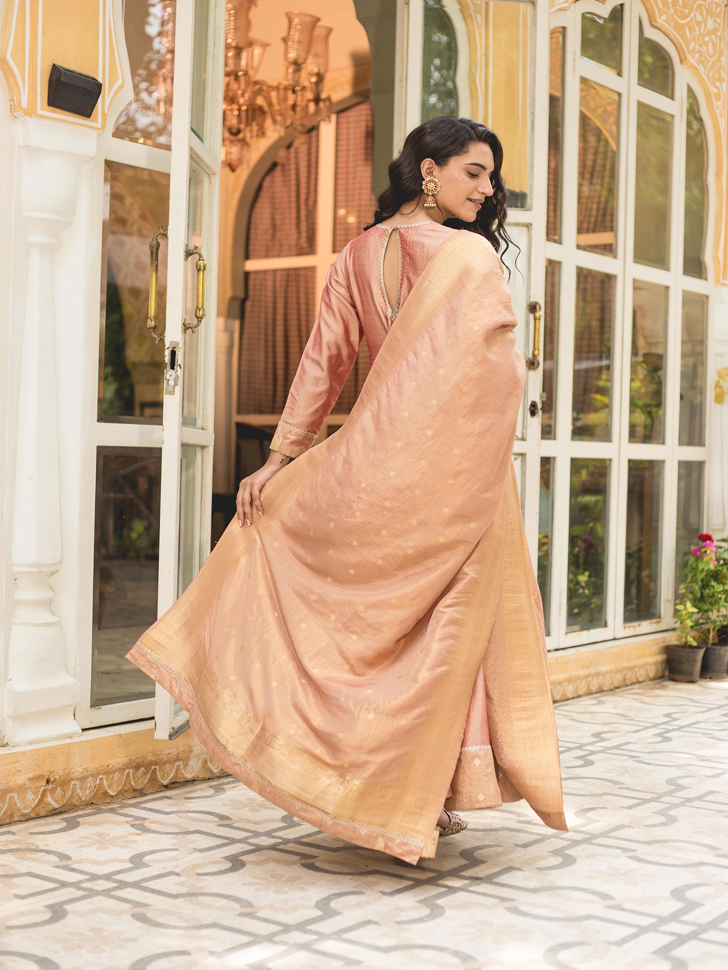 Rose Gold Zari Weave Vichitra Silk Anarkali Suit