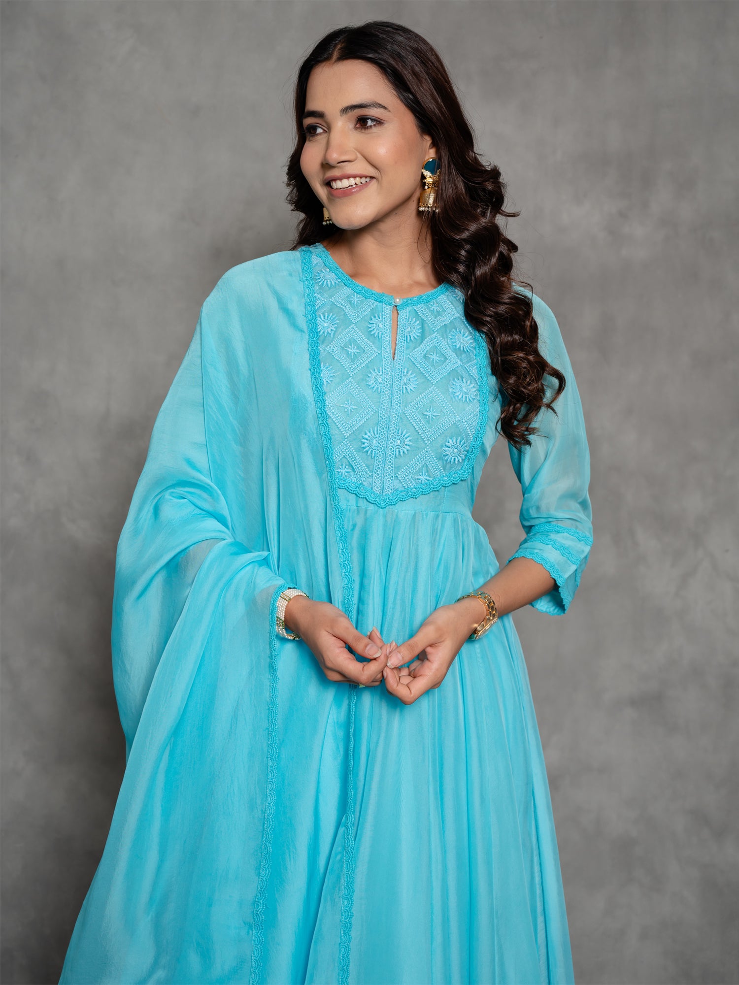 Solid Sky Blue Organza Anarkali Suit Set