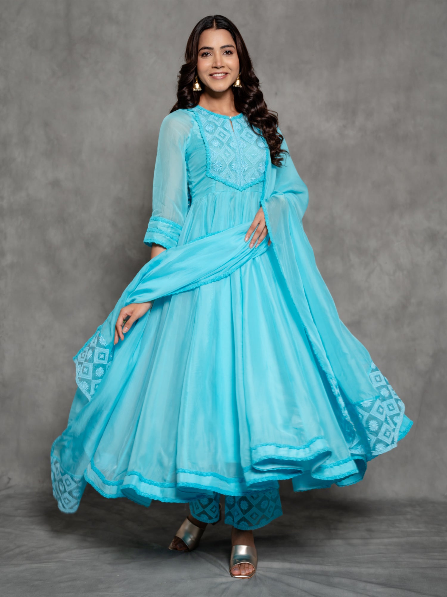 Solid Sky Blue Organza Anarkali Suit Set