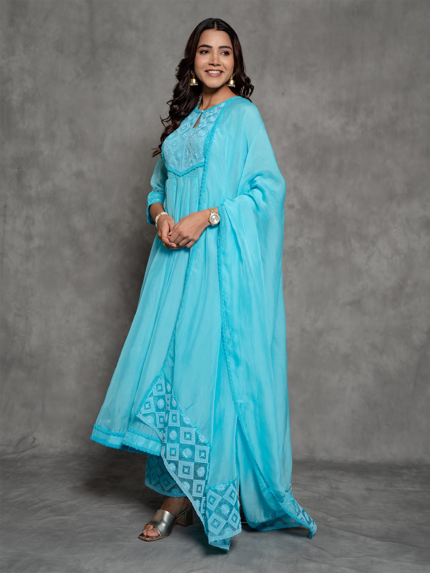 Solid Sky Blue Organza Anarkali Suit Set