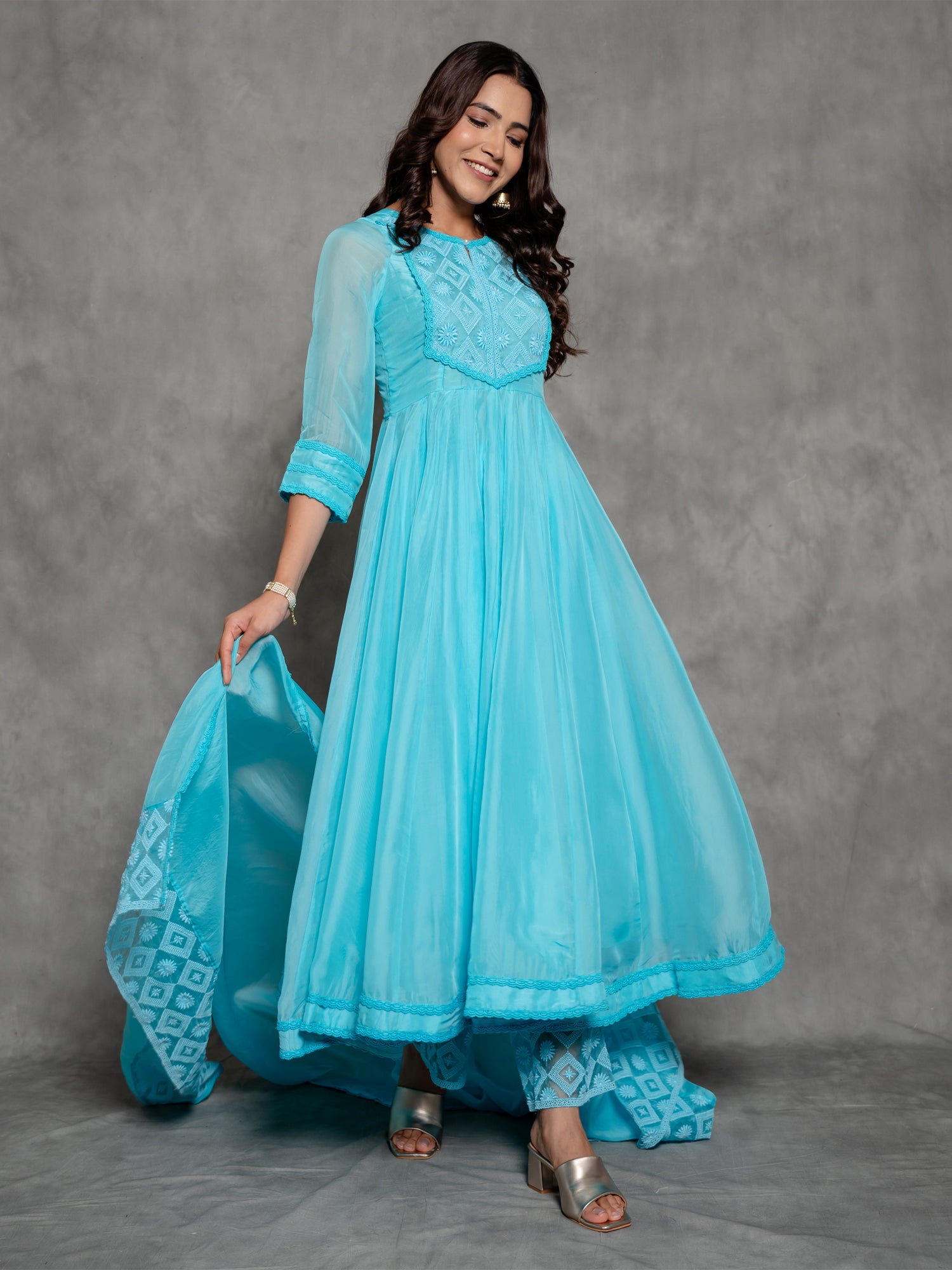 Solid Sky Blue Organza Anarkali Suit Set