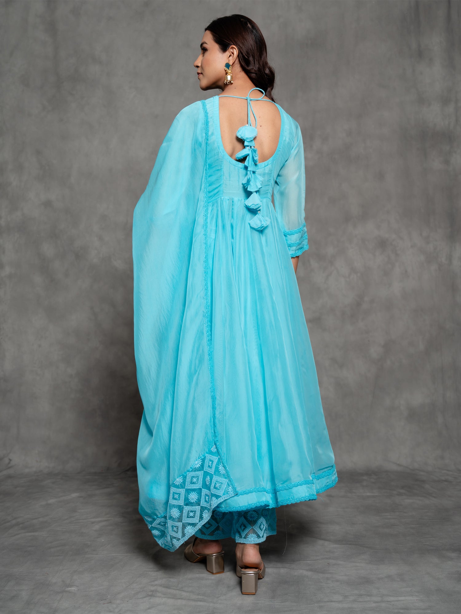 Solid Sky Blue Organza Anarkali Suit Set