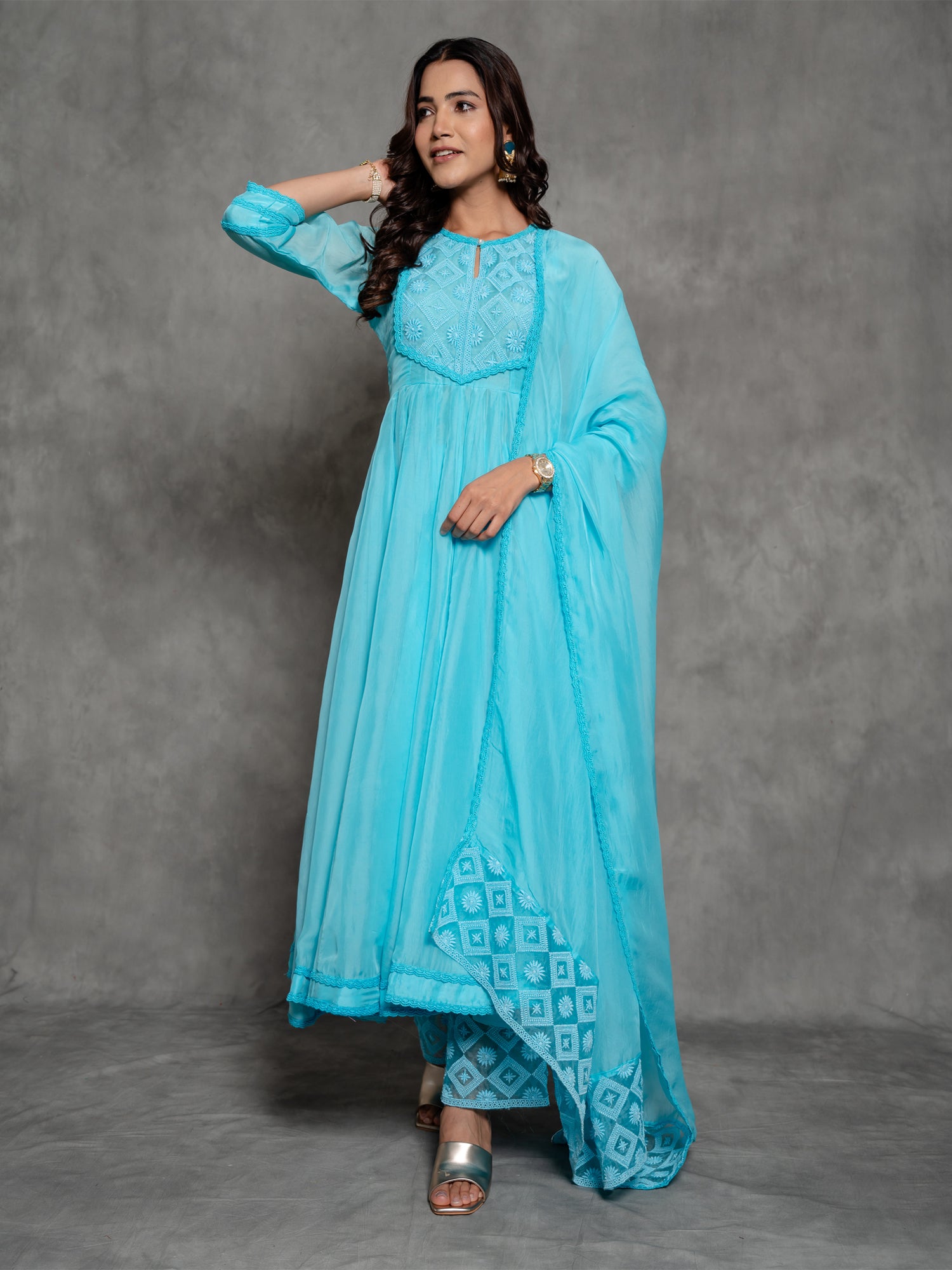 Solid Sky Blue Organza Anarkali Suit Set