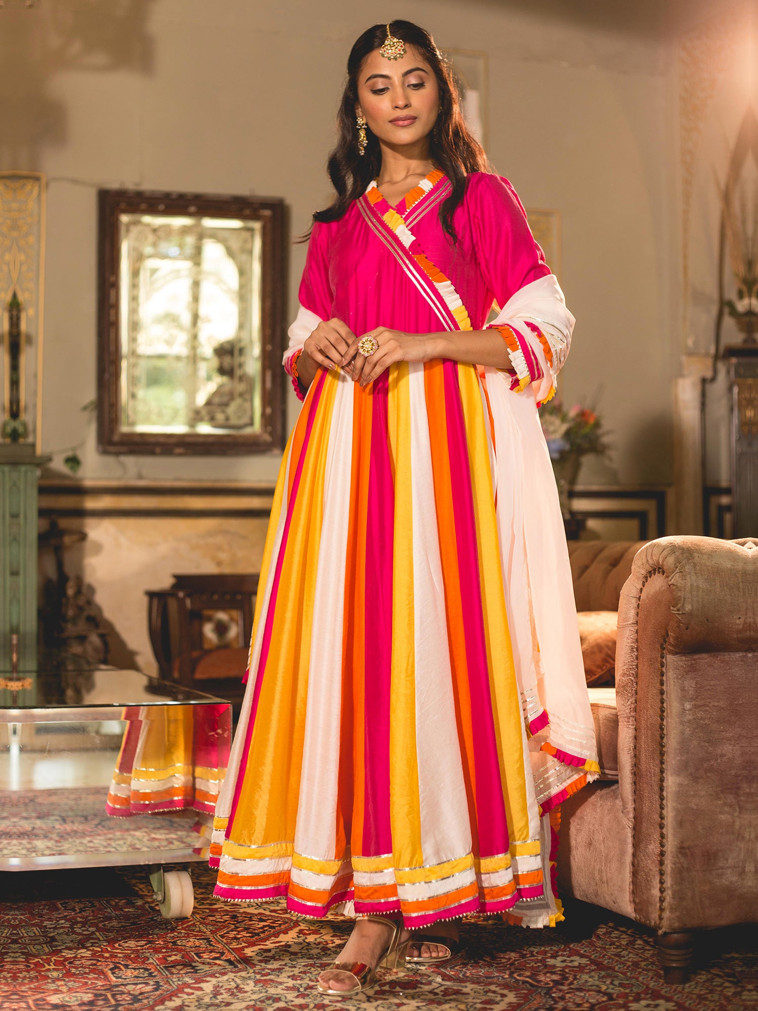 Multicolor Chanderi Anarkali Style Suit With Gota Work