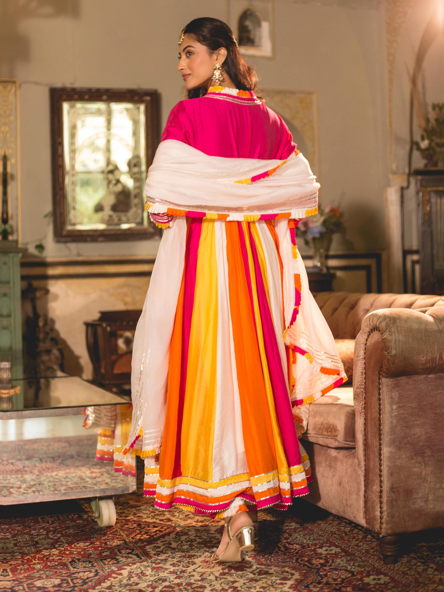 Multicolor Chanderi Anarkali Style Suit With Gota Work