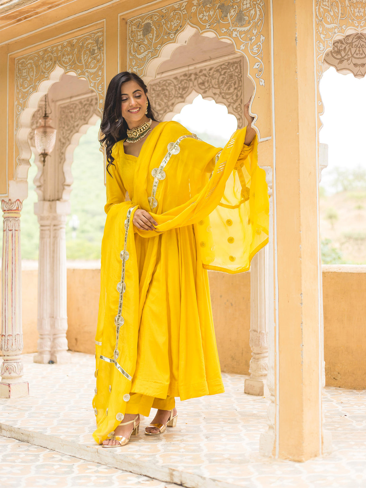 Yellow Muslin Silk Anarkali Suit With Gota Work Dupatta