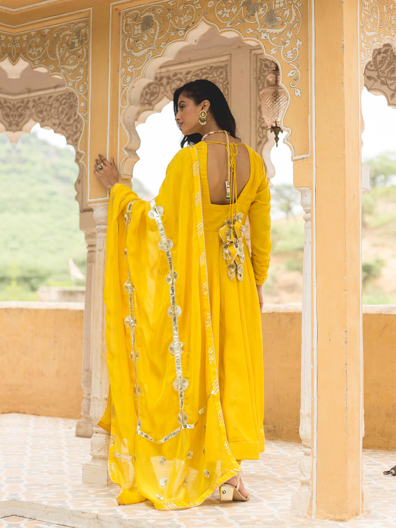 Yellow Muslin Silk Anarkali Suit With Gota Work Dupatta