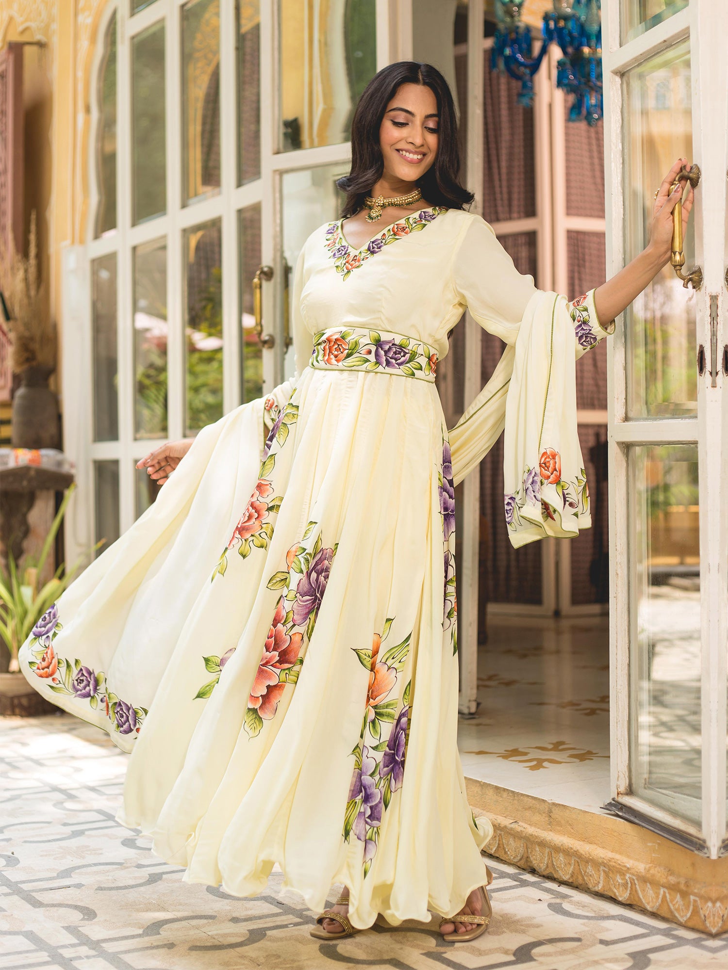 Light Yellow Floral Handpainted Crepe Anarkali Suit