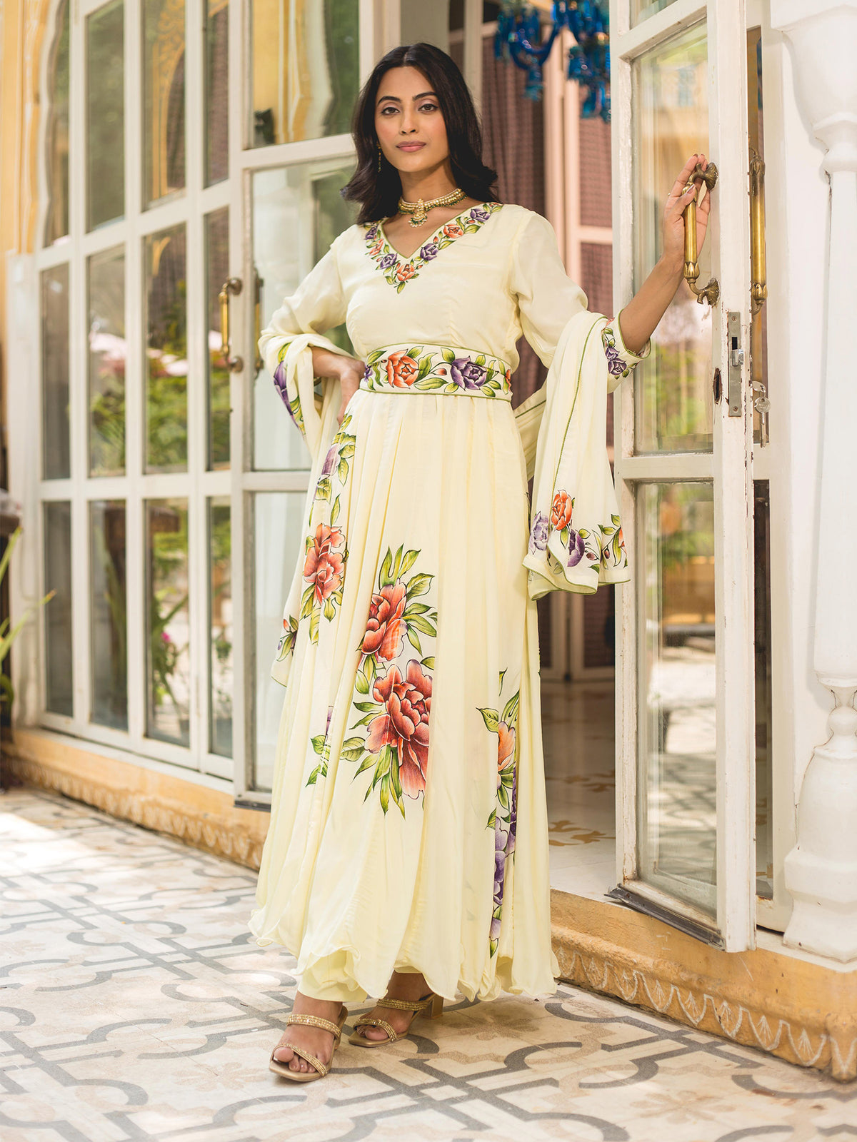 Light Yellow Floral Handpainted Crepe Anarkali Suit