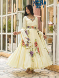 Light Yellow Floral Handpainted Crepe Anarkali Suit