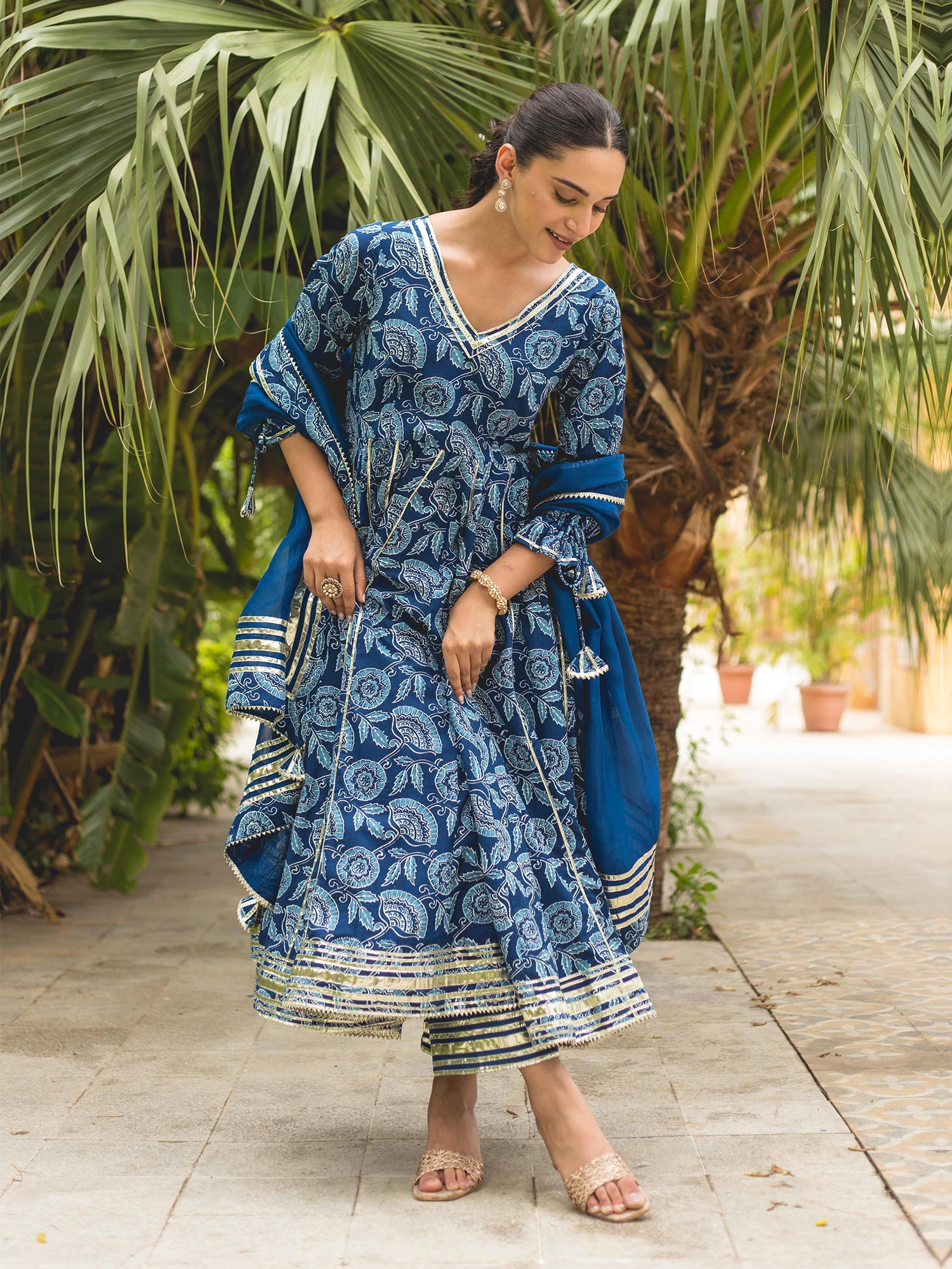 Royal Blue Hand Block Print Cotton Anarkali Suit Set