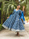 Royal Blue Hand Block Print Cotton Anarkali Suit Set