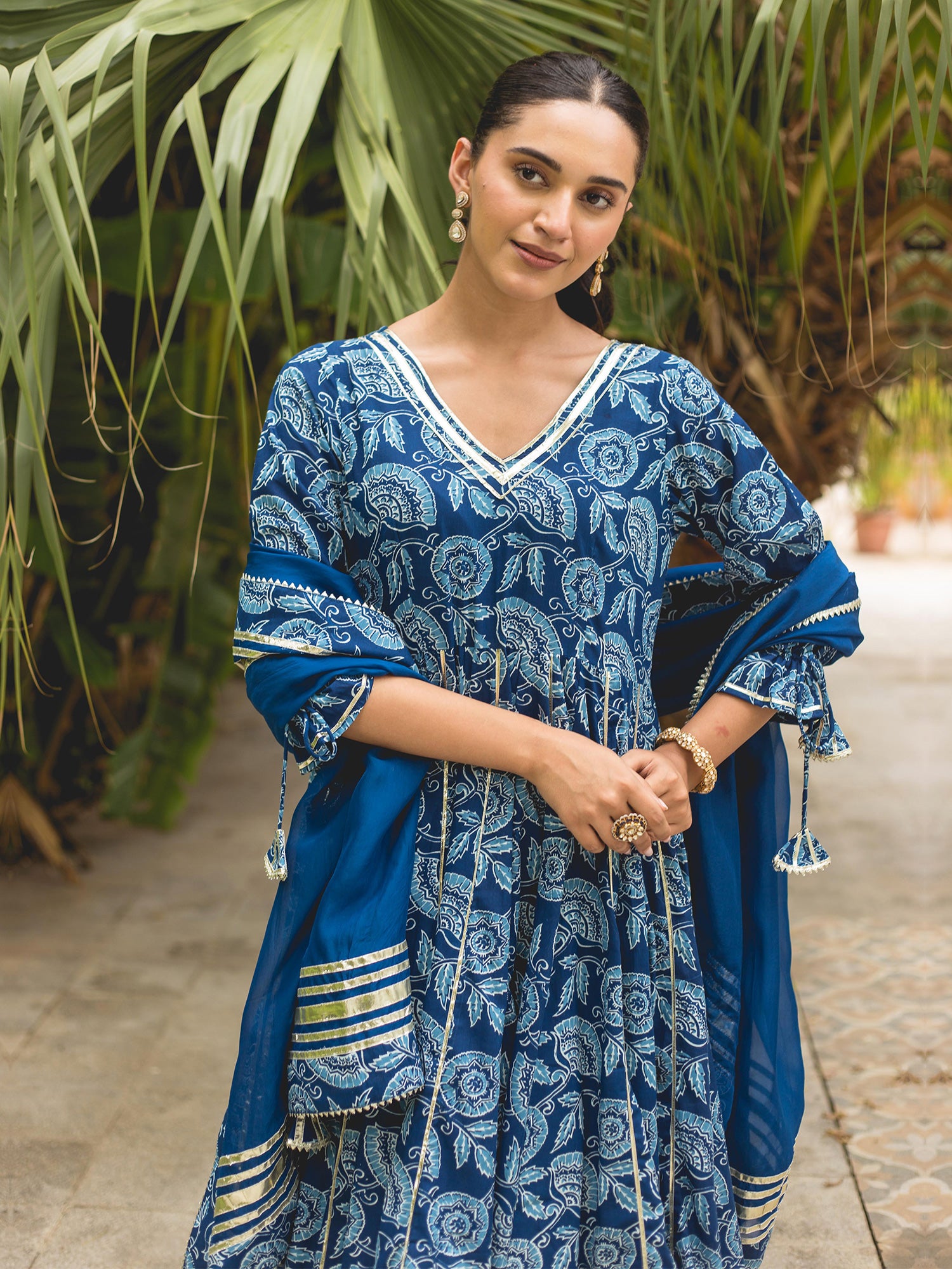 Royal Blue Hand Block Print Cotton Anarkali Suit Set