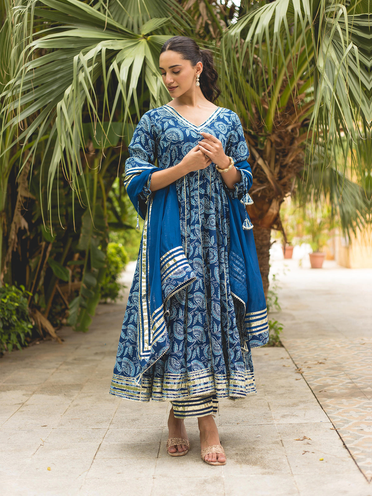 Royal Blue Hand Block Print Cotton Anarkali Suit Set