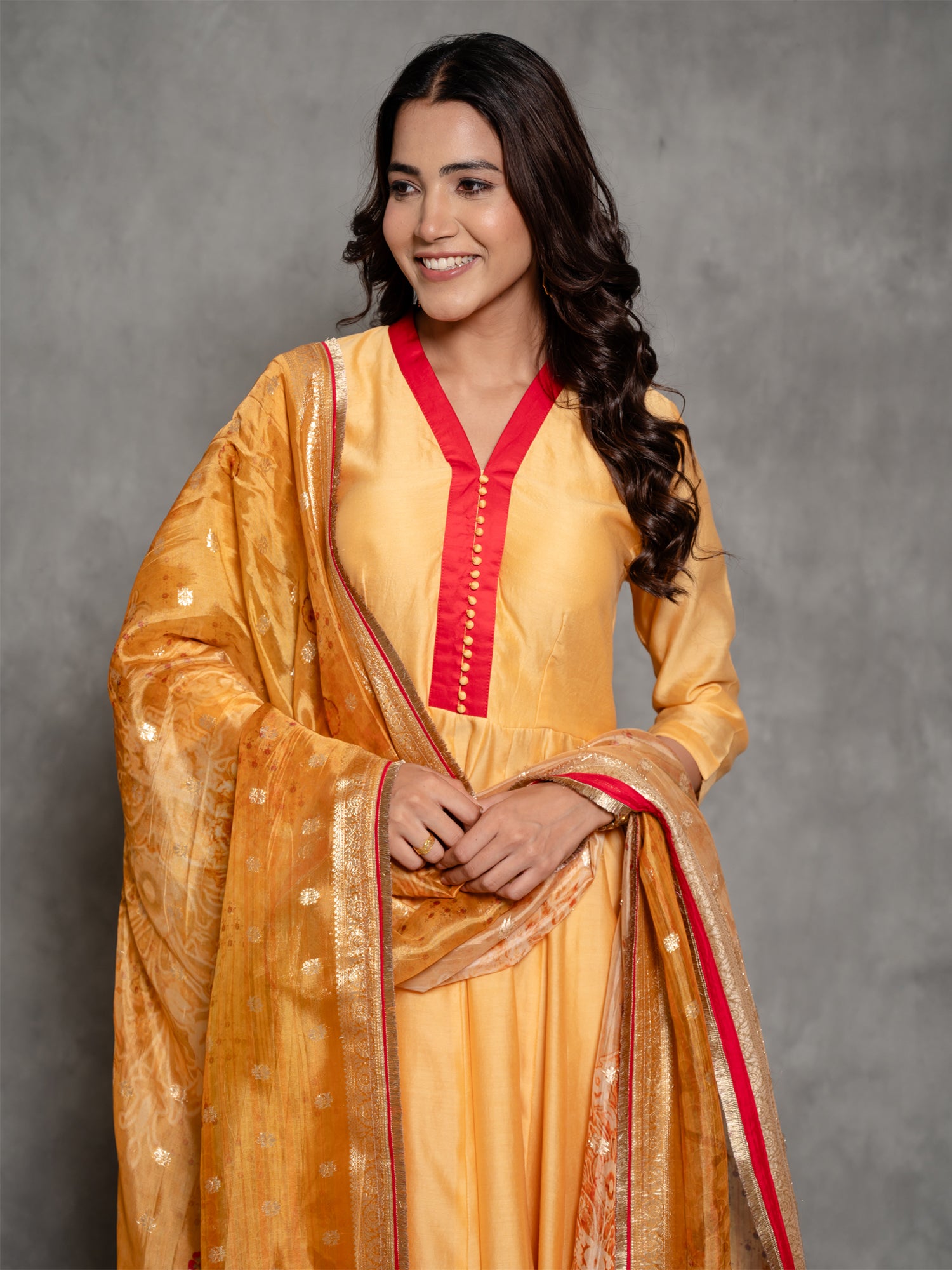 Mustard Yellow Chanderi Anarkali Suit With Pure Silk Zari Dupatta