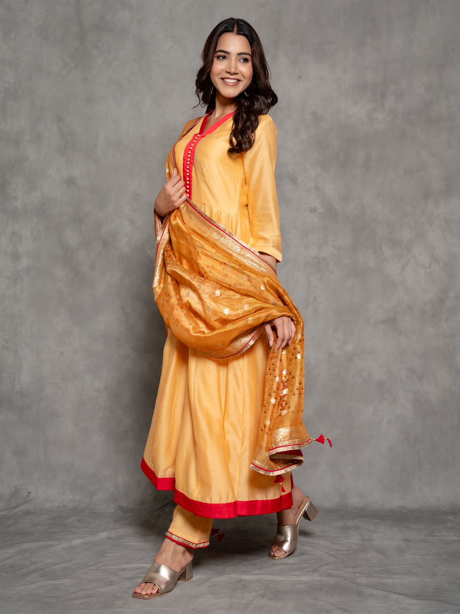 Mustard Yellow Chanderi Anarkali Suit With Pure Silk Zari Dupatta