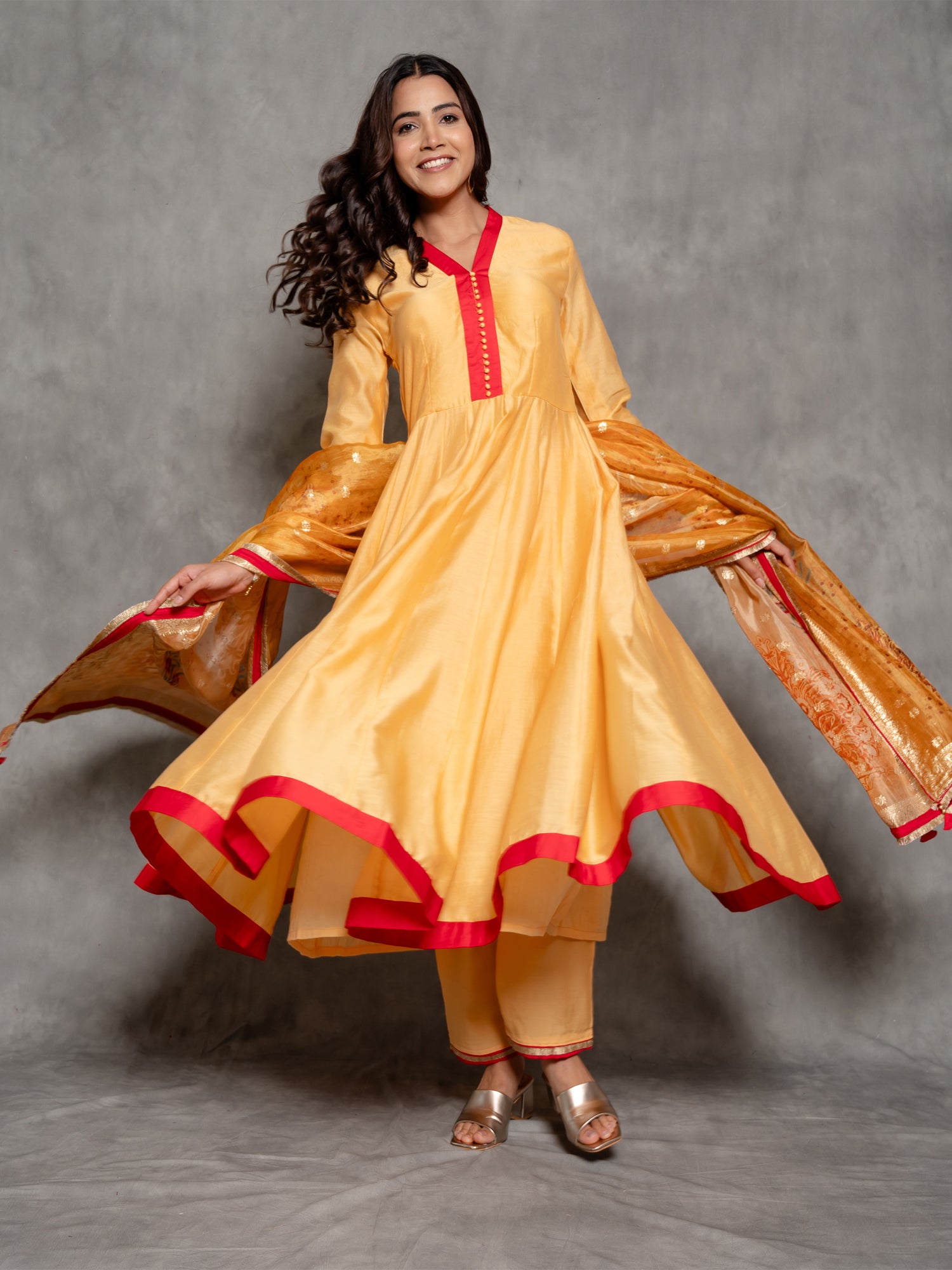 Mustard Yellow Chanderi Anarkali Suit With Pure Silk Zari Dupatta