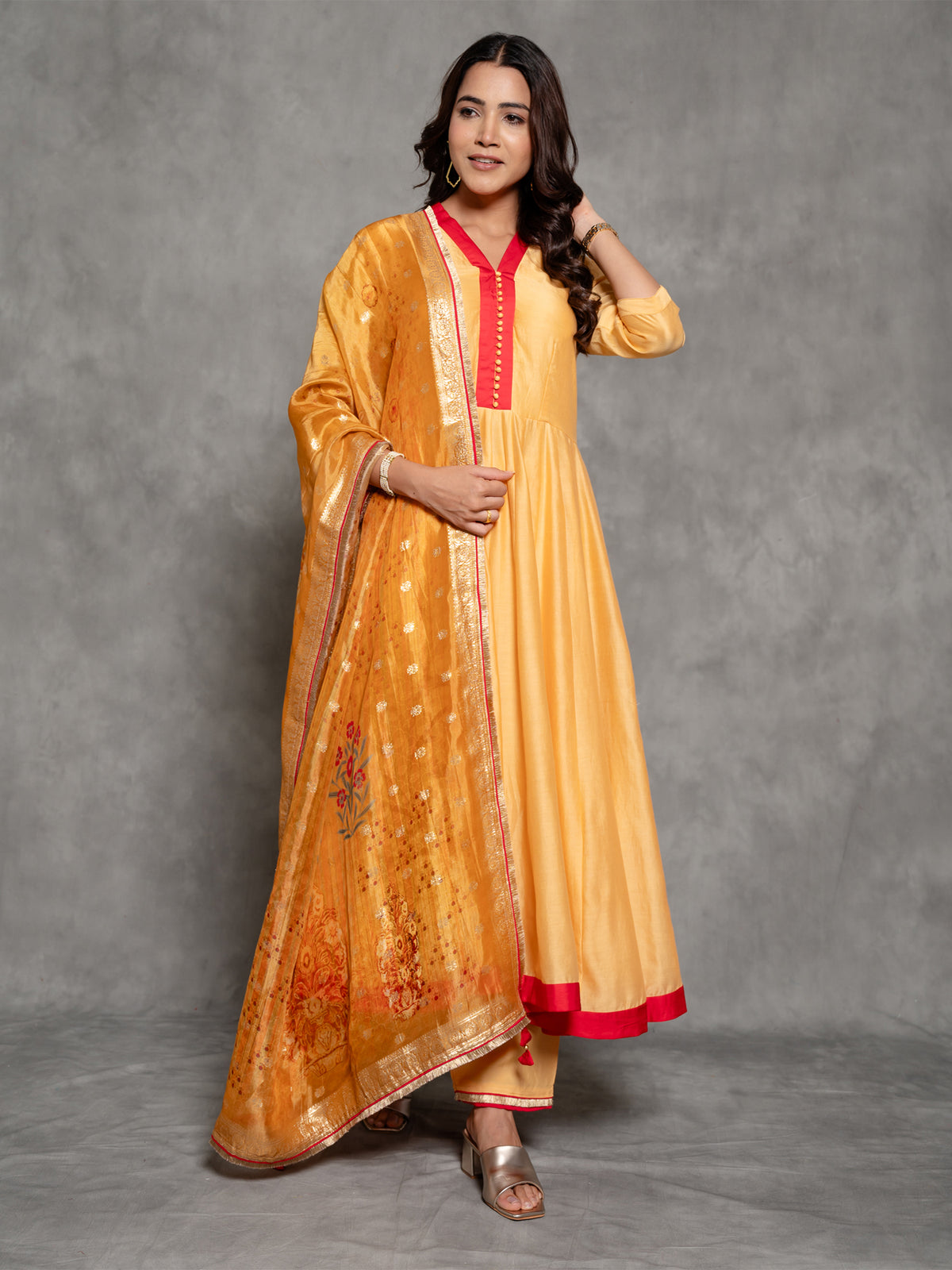 Mustard Yellow Chanderi Anarkali Suit With Pure Silk Zari Dupatta