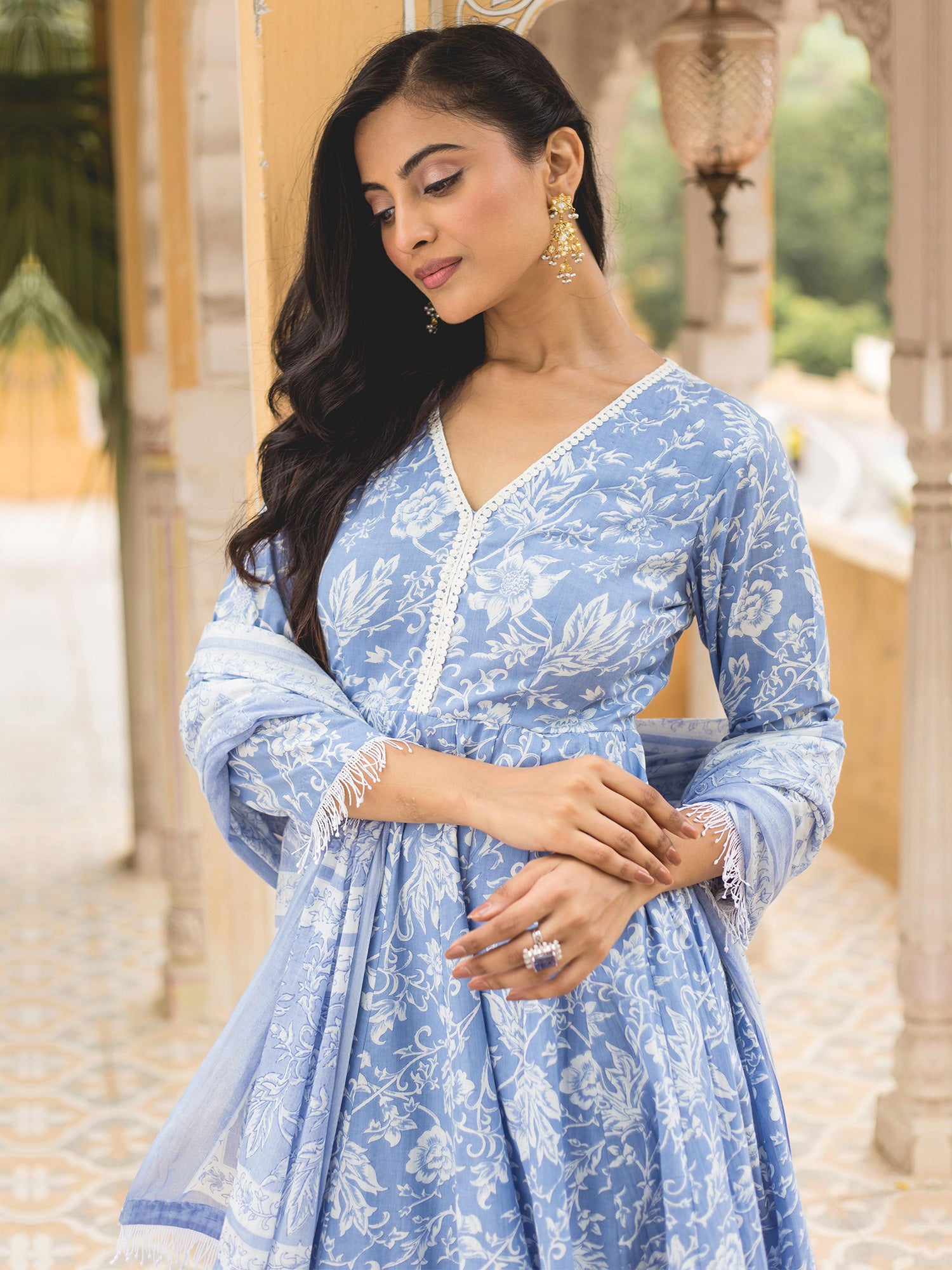 Powder Blue Cotton Printed Anarkali Suit With Laces