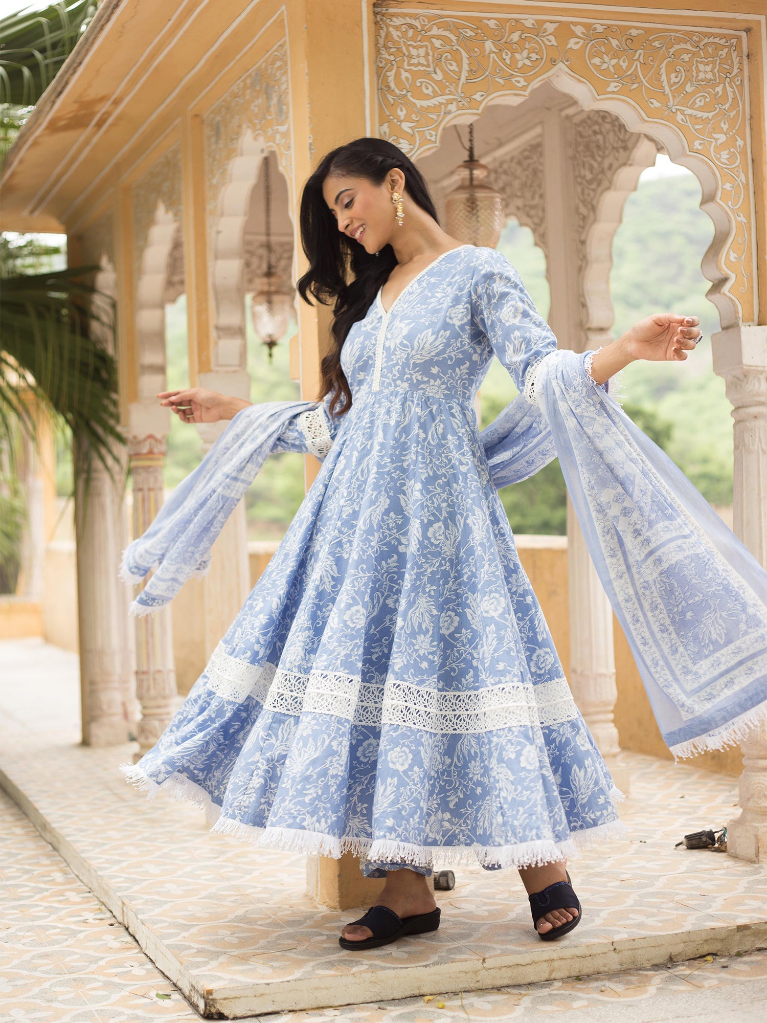 Powder Blue Cotton Printed Anarkali Suit With Laces