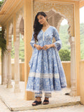 Powder Blue Cotton Printed Anarkali Suit With Laces