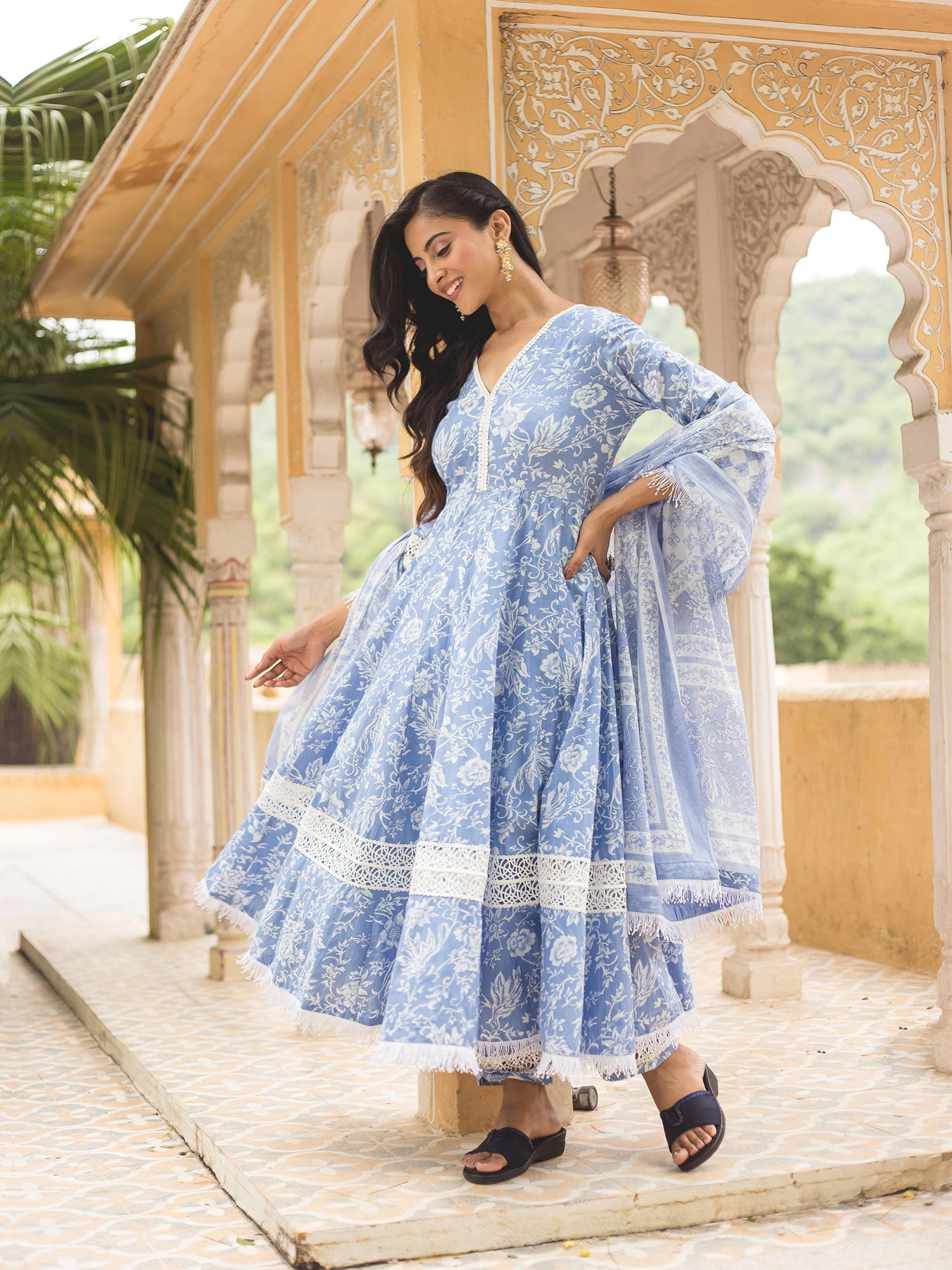 Powder Blue Cotton Printed Anarkali Suit With Laces