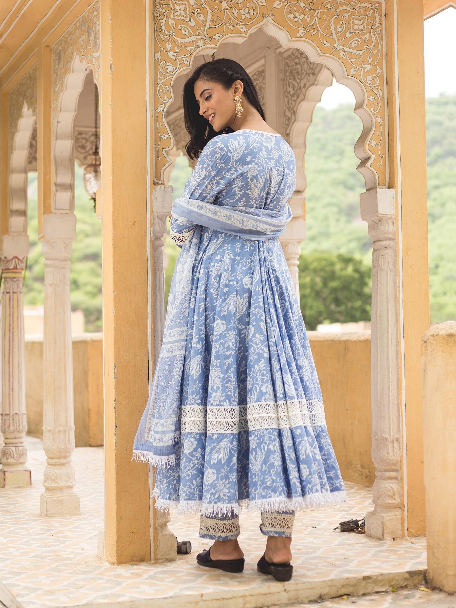 Powder Blue Cotton Printed Anarkali Suit With Laces